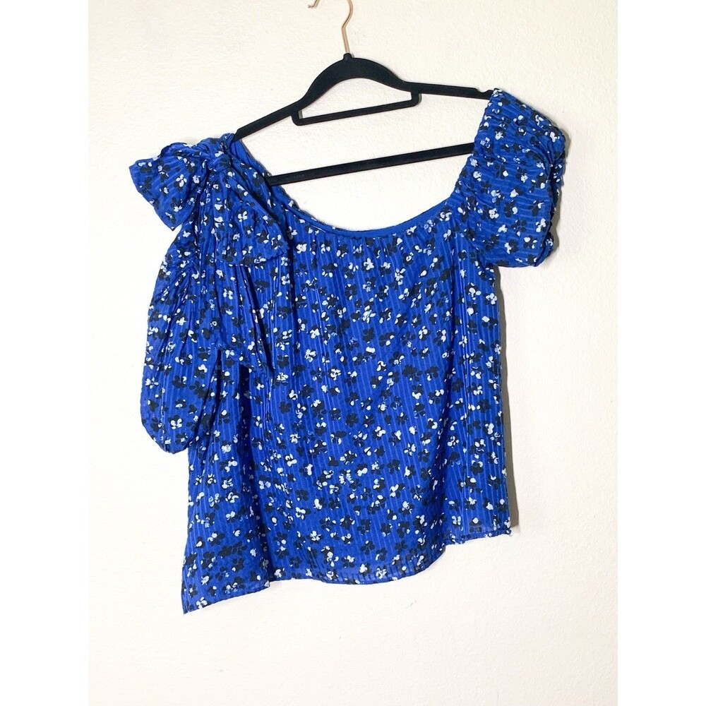 Ulla Johnson Femi Top 8 Silk Cotton Blend Blue Floral One Shoulder Puff Sleeves